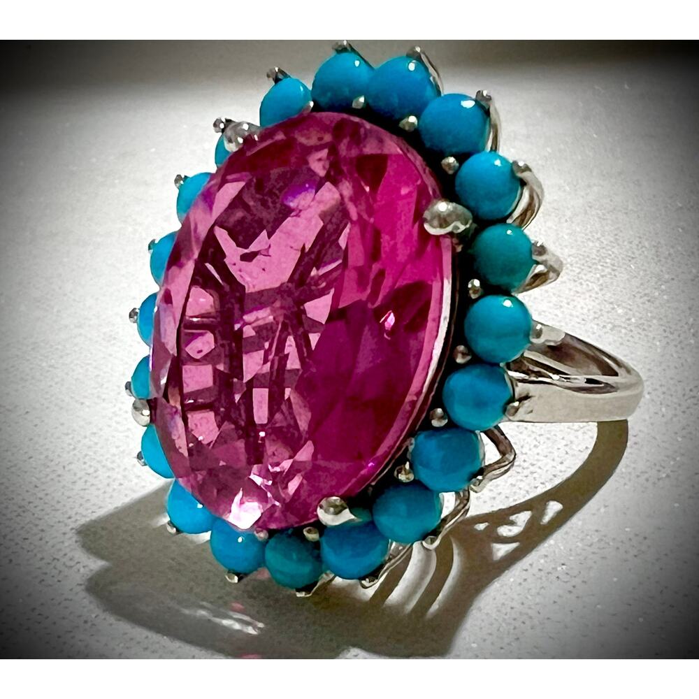 Pink Topaz & Sleeping Beauty Turquoise Halo Ring 925 Silver Sz 7 - Picture 2 of 7